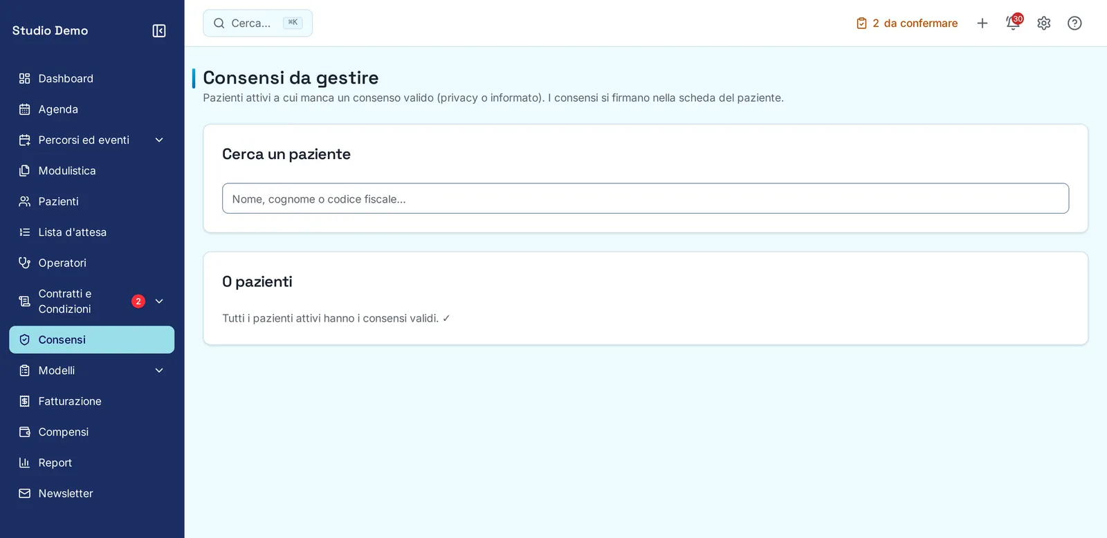 La pagina «Consensi da gestire» di Visitu: elenca i pazienti attivi a cui manca un consenso valido.